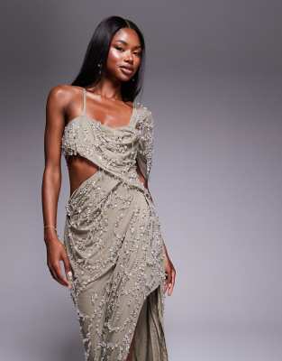Asos Design Draped Off Shoulder Bandeau Maxi Dress With Beaded Embellishment In Gray
