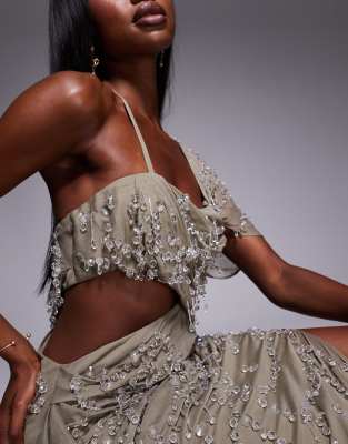 ASOS DESIGN draped off shoulder bandeau maxi dress with beaded embellishment in light gray
