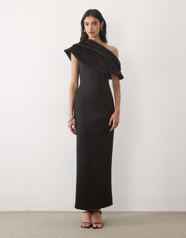 ASOS DESIGN draped off shoulder pencil maxi dress in black scuba-style fabric