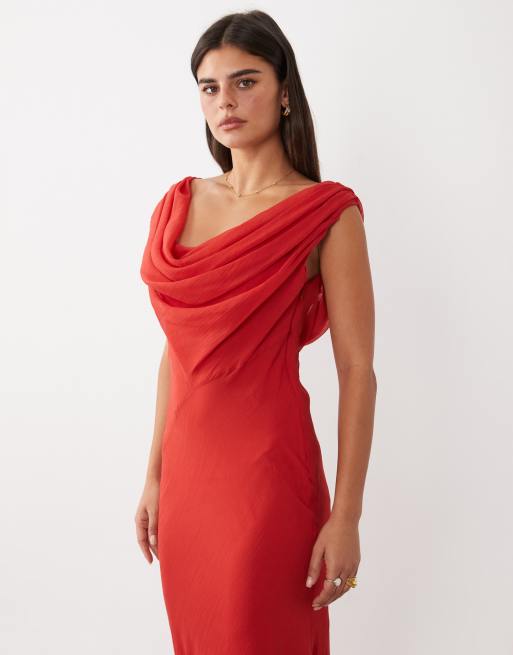 ASOS DESIGN draped off shoulder scarf detail double layer maxi dress in deep red, 2 of 4