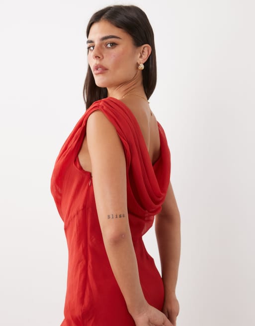 ASOS DESIGN draped off shoulder scarf detail double layer maxi dress in deep red, 4 of 4