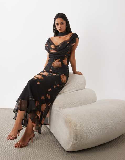 ASOS DESIGN draped off shoulder scarf detail double layer maxi dress in orange floral print - view 1