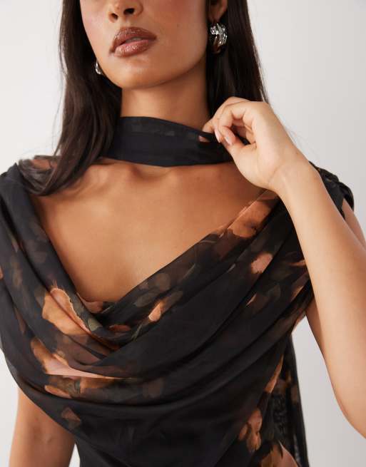 ASOS DESIGN draped off shoulder scarf detail double layer maxi dress in orange floral print, 2 of 4