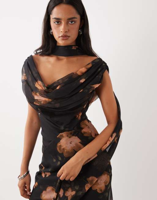 ASOS DESIGN draped off shoulder scarf detail double layer maxi dress in orange floral print, 3 of 4