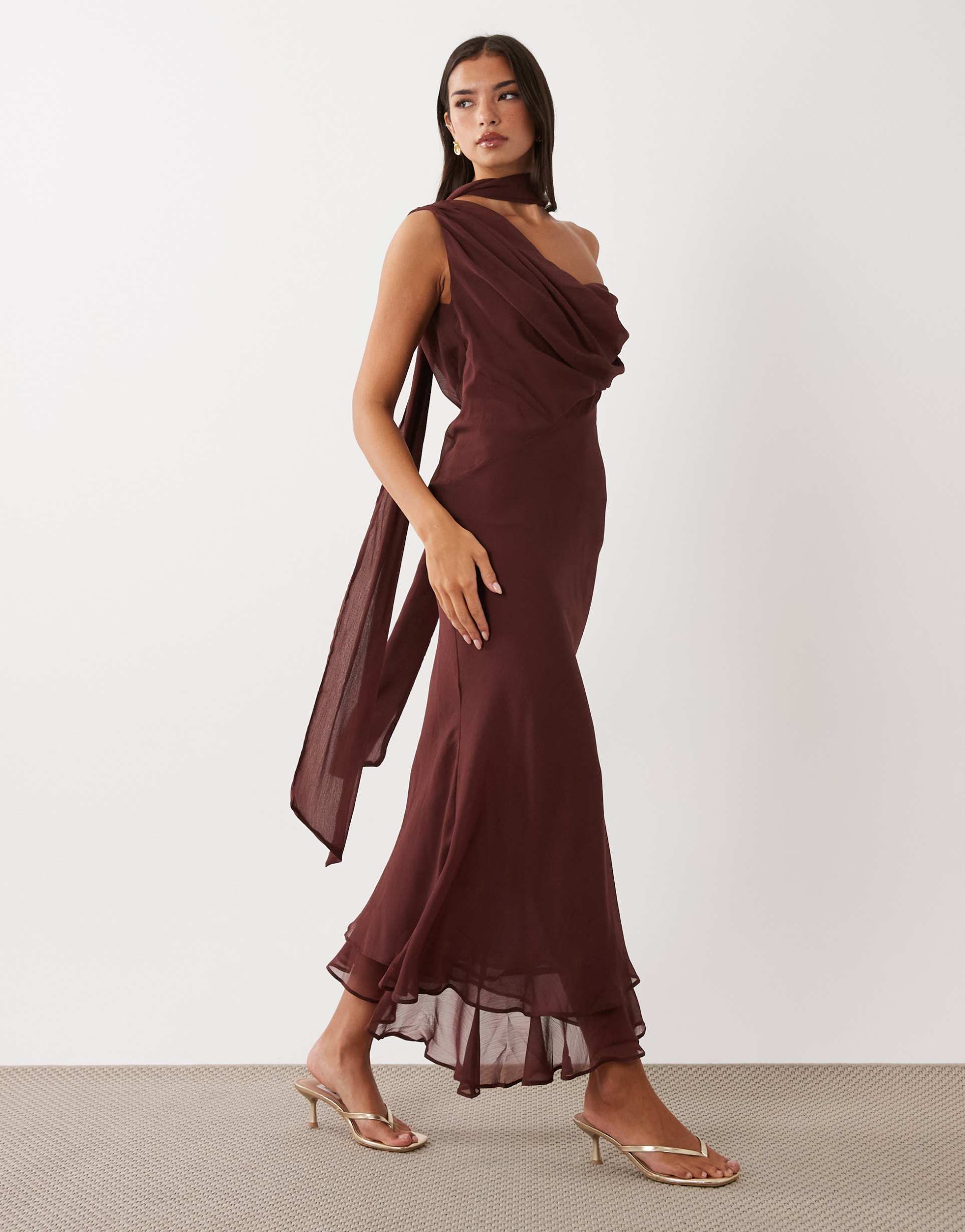 asos design draped off shoulder scarf detail double layer maxi dress in rust brown