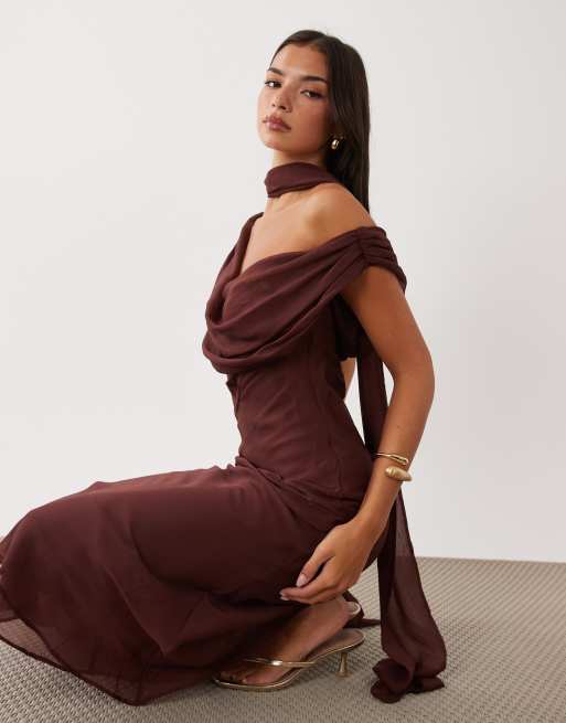 ASOS DESIGN draped off shoulder scarf detail double layer maxi dress in rust brown, 3 of 4