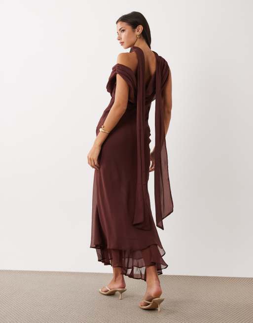 ASOS DESIGN draped off shoulder scarf detail double layer maxi dress in rust brown, 4 of 4