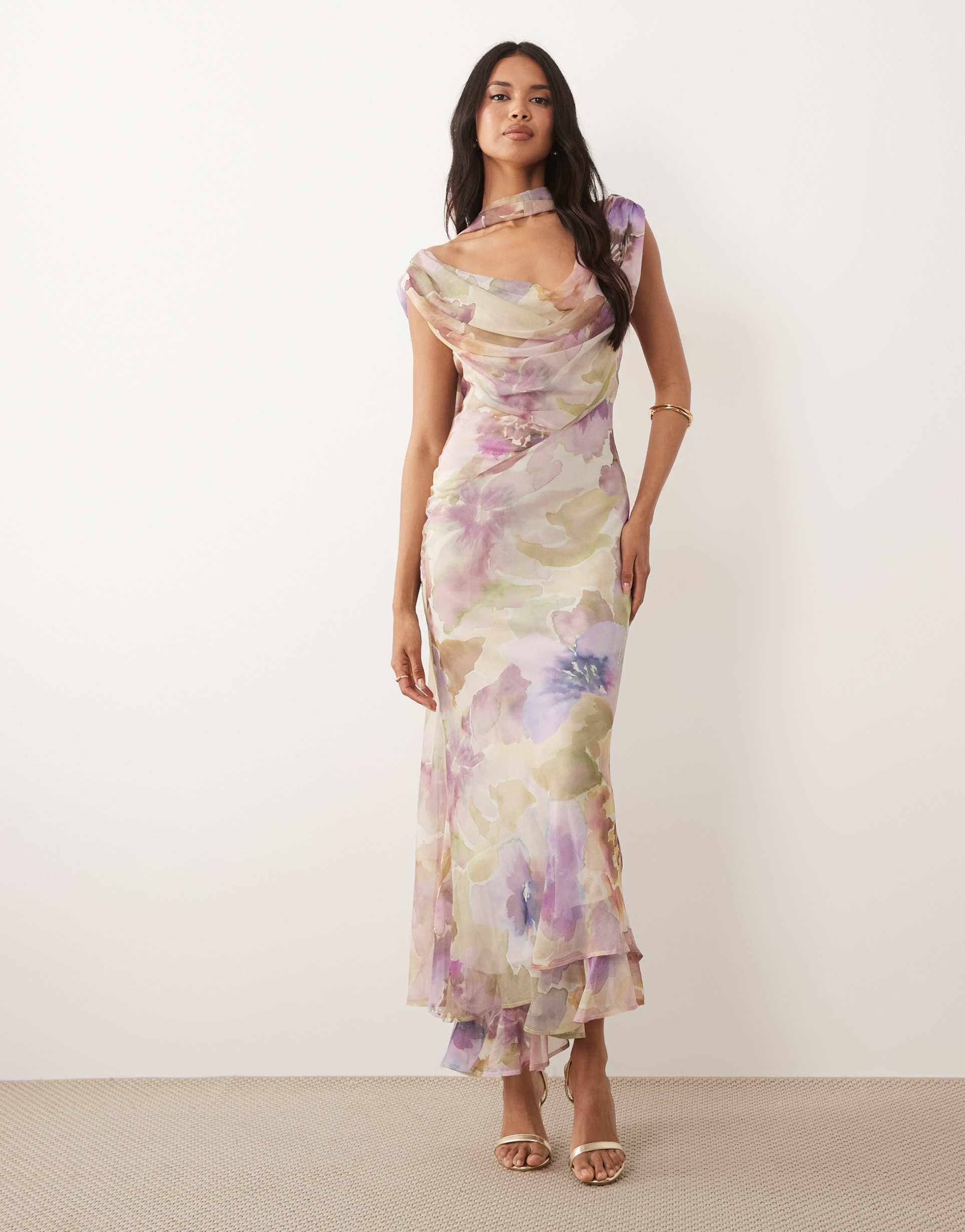 asos design draped off shoulder scarf detail double layer maxi dress in summer floral print