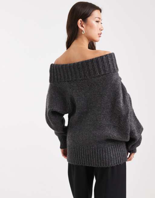 ASOS DESIGN draped off-shoulder sweater in charcoal