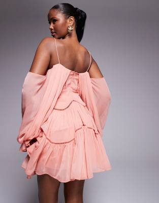 Asos Design Draped Off-shoulder Tiered Mini Dress With Lace Inserts In Pink
