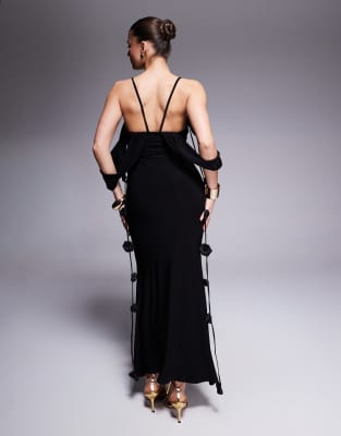 ASOS DESIGN DRAPED OFF THE SHOULDER LAYERED NECKLINE MIDI DRESS WITH FLOWER TRIM 