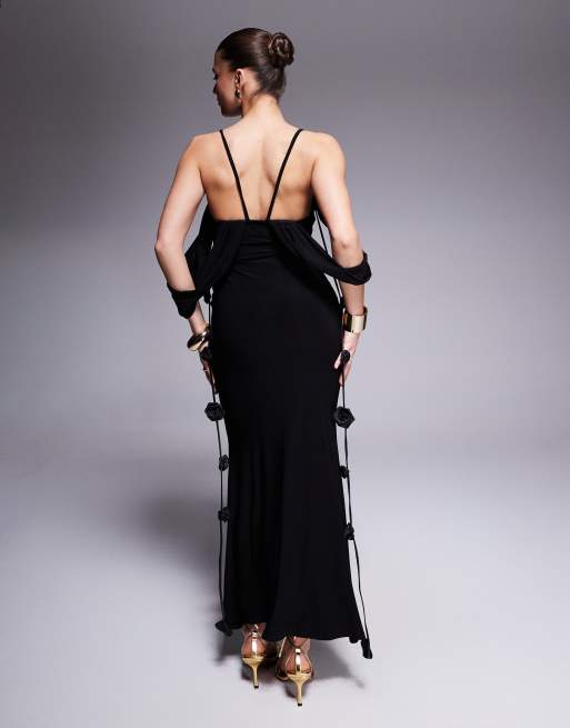 ASOS DESIGN draped off the shoulder layered neckline midi dress with flower trim in black