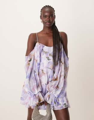Asos Design Draped Off The Shoulder Tiered Mini Dress With Lace Inserts