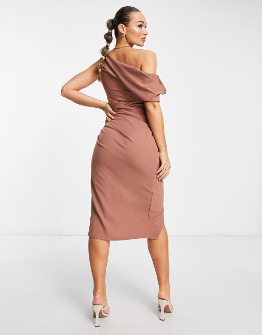 Asos design pu drape shoulder midi pencil outlet dress