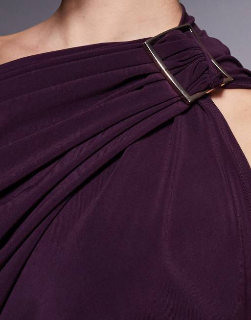 ASOS DESIGN draped one shoulder maxi dress with hammered trim in bright purple, 3 of 4