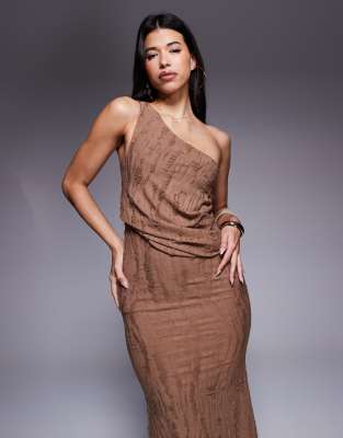 Asos Design Draped One Shoulder Maxi Dress With Ladder Fabric In Brown