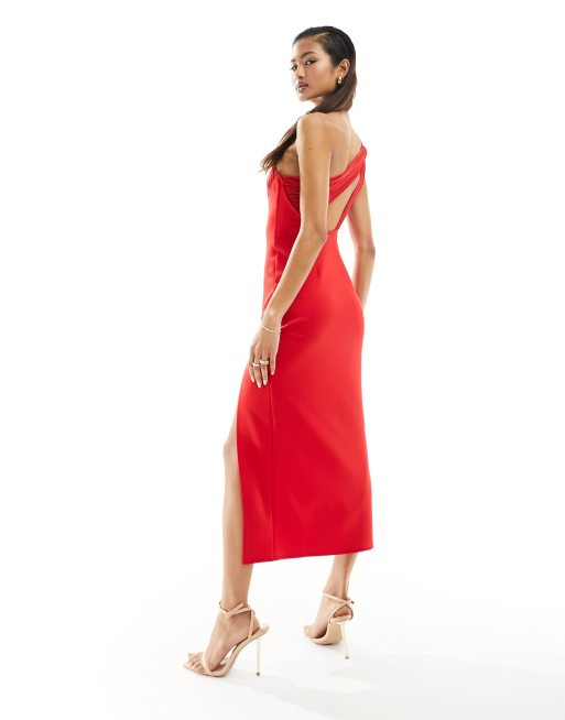 ASOS DESIGN draped one shoulder midi dress with cut out back in