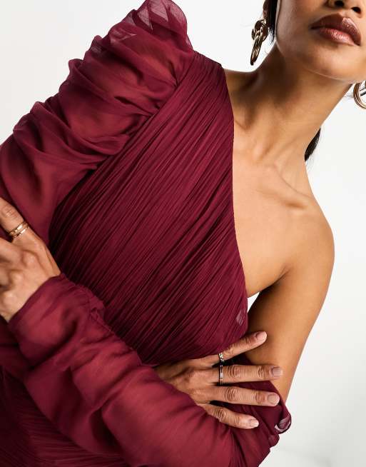 Burgundy one shoulder draped midi dress best sale