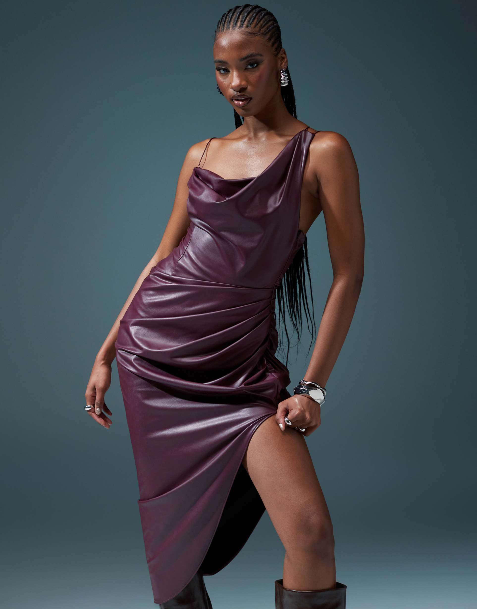 asos design draped one shoulder pu cami wrap midi dress in burgundy