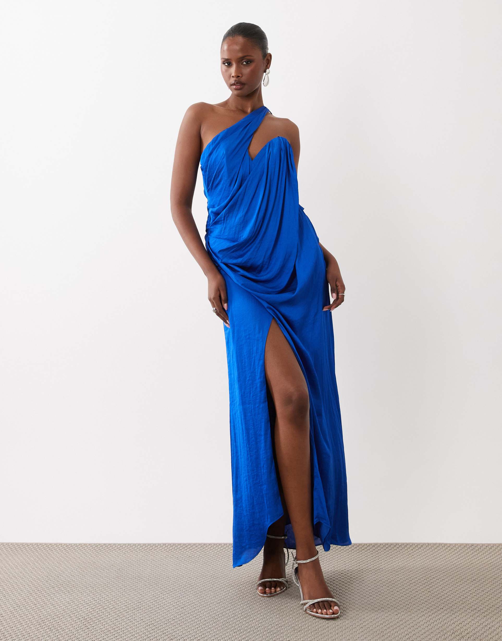 asos design draped one shoulder satin maxi dress in cobalt blue