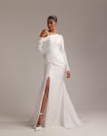 [ASOS DESIGN] ASOS DESIGN draped one shoulder satin wedding maxi dress in white 8 WHITE