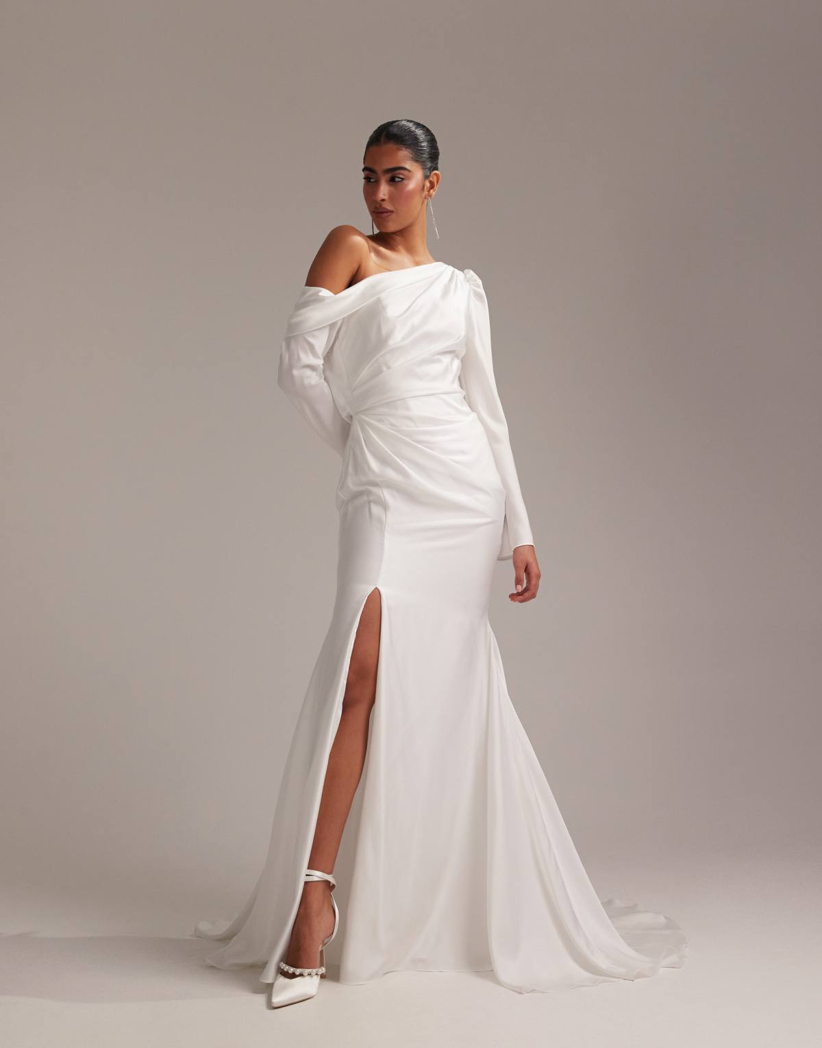 ASOS DESIGN draped one shoulder satin wedding maxi dress in white