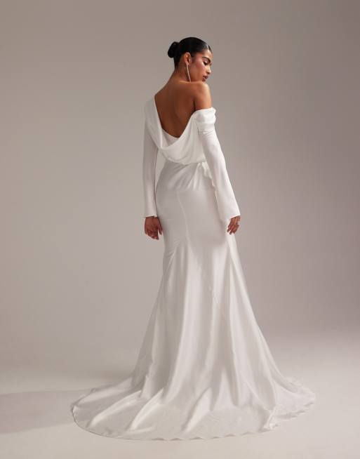 asos bridal shower dress ASOS DESIGN draped one shoulder satin wedding maxi dress in white