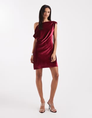 Asos Design Draped One Shoulder Velvet Mini Dress In Red
