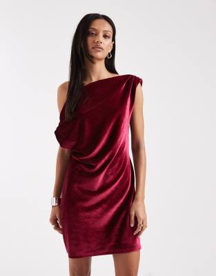 Asos Design Draped One Shoulder Velvet Mini Dress In Red