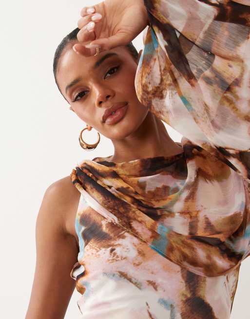 ASOS DESIGN draped one sleeve bias maxi dress in brown and blue abstract print, 2 of 4