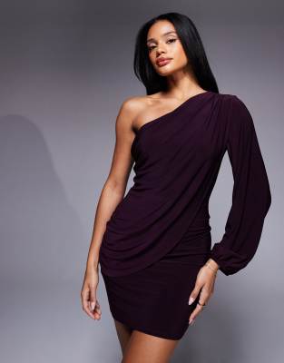 Asos Design Draped One Sleeve Mini Dress In Brown