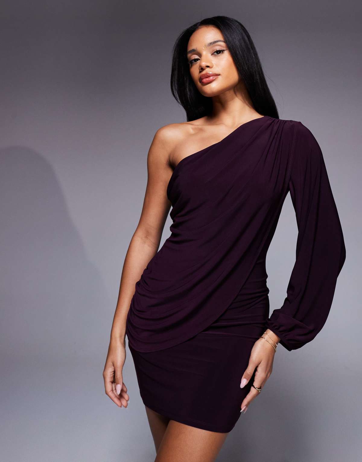 ASOS DESIGN draped one sleeve mini dress in plum