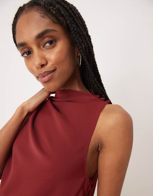 ASOS DESIGN draped one sleeve slinky dress in burgundy, 3 of 4