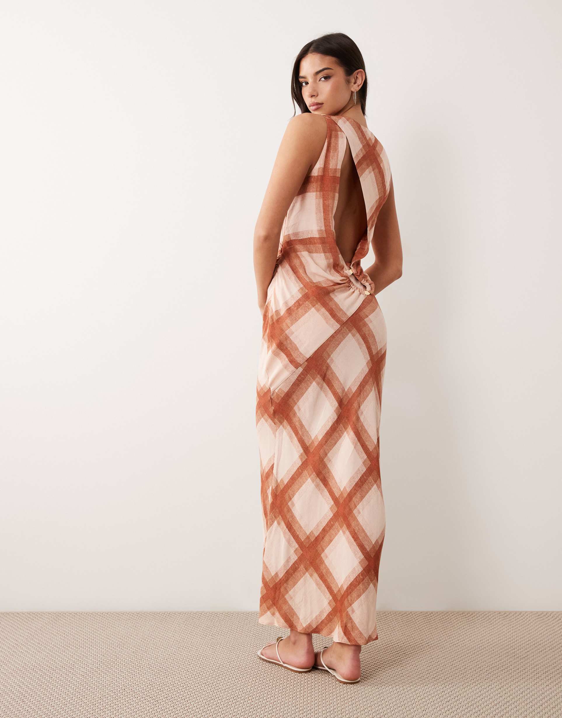 asos design draped open back trim detail linen look maxi dress in check print