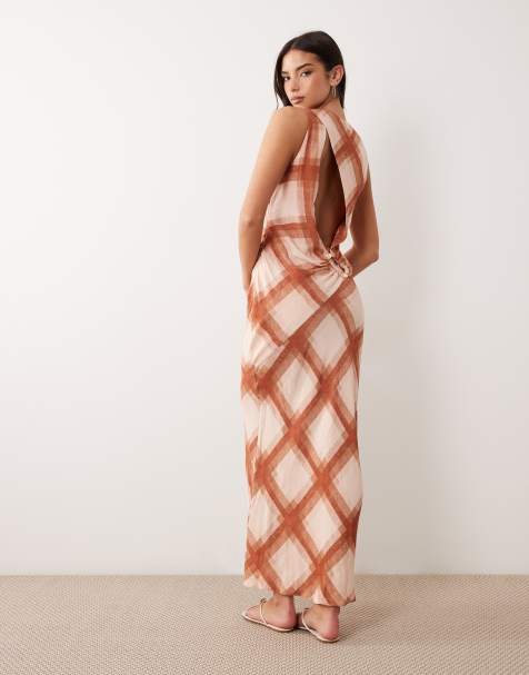 ASOS DESIGN draped open back trim detail linen look maxi dress in check print