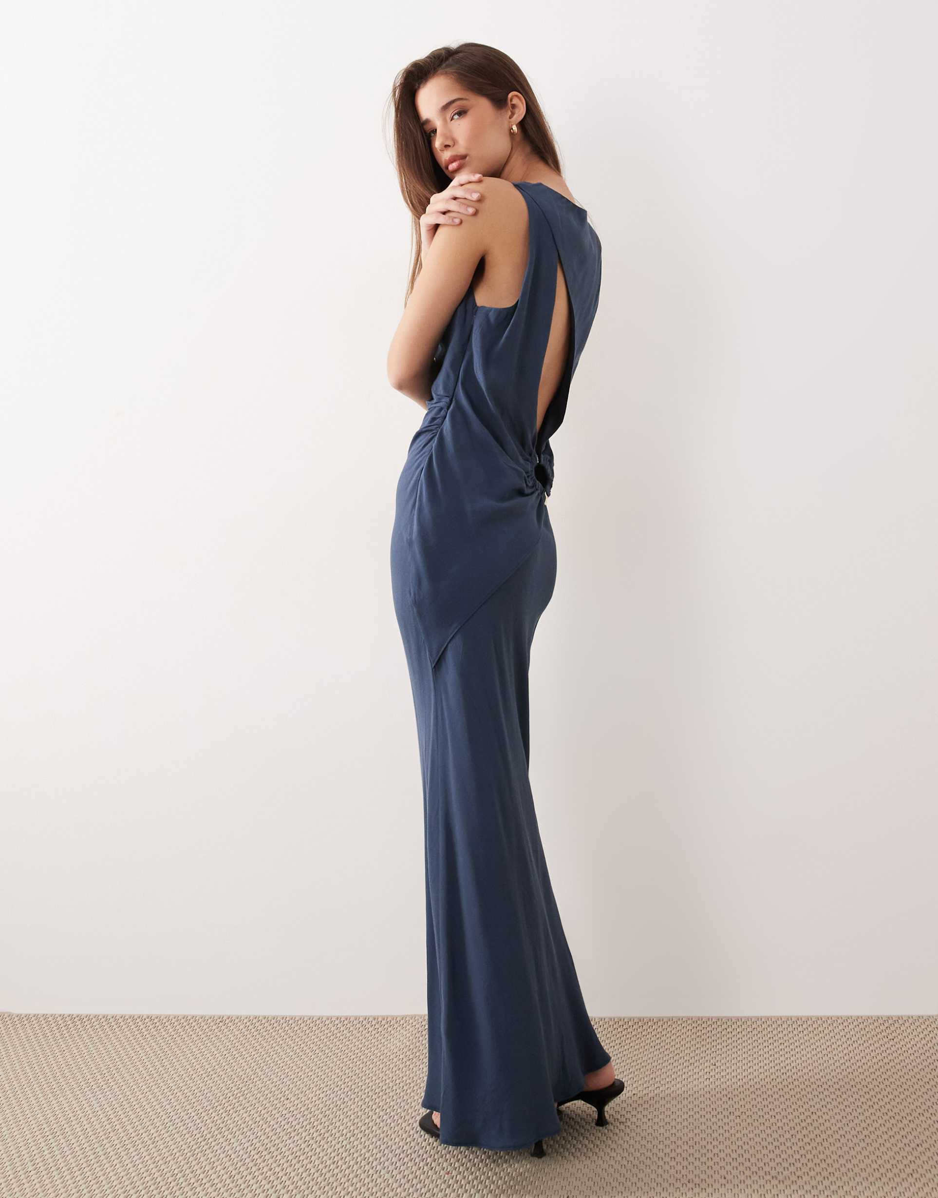asos design draped open back trim detail linen look maxi dress in deep blue