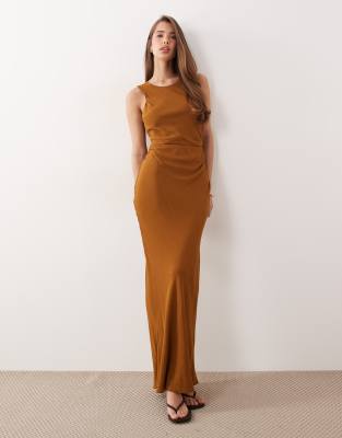 Asos Design Draped Open Back Trim Detail Linen Look Maxi Dress In Brown