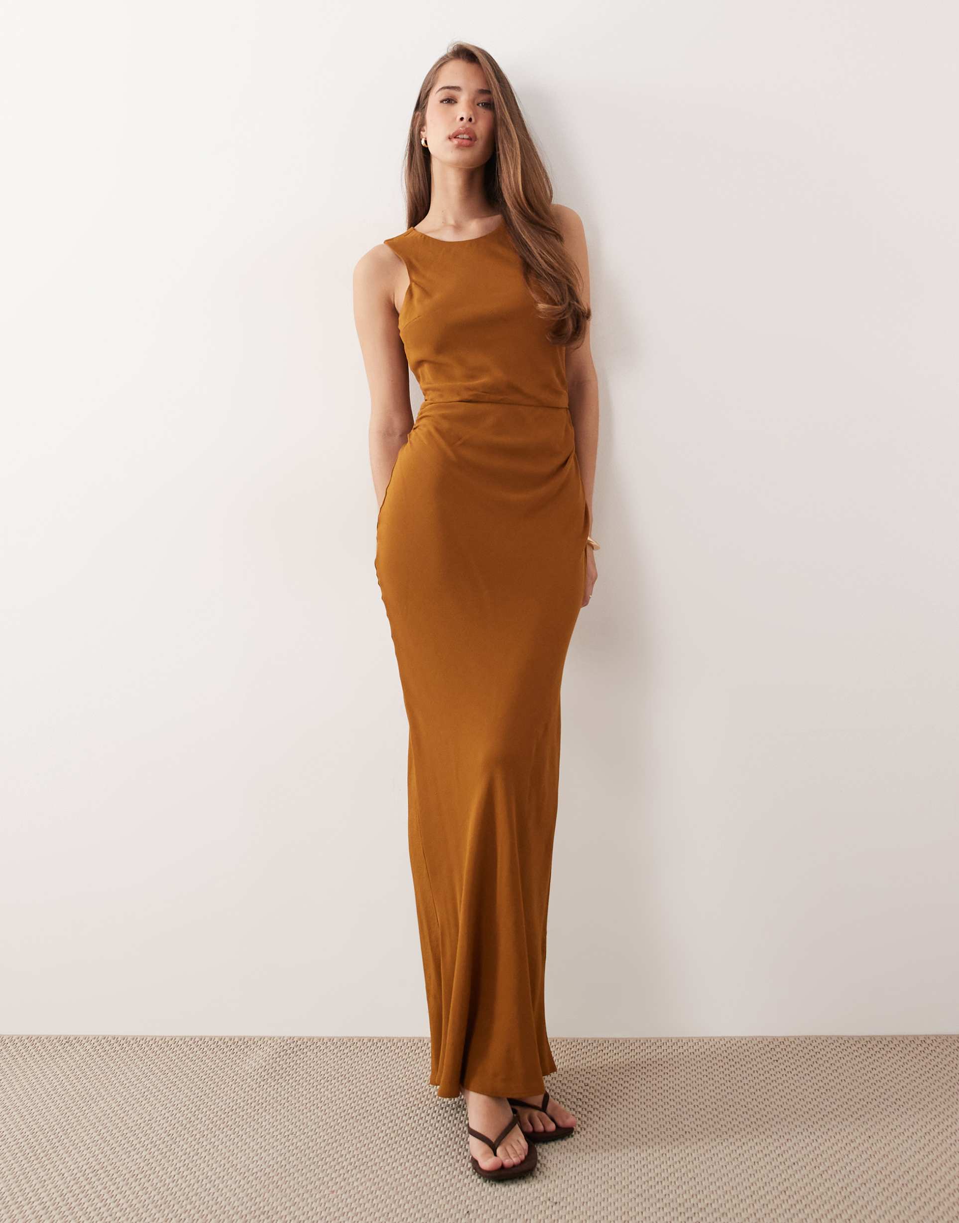 asos design draped open back trim detail linen look maxi dress in tobacco