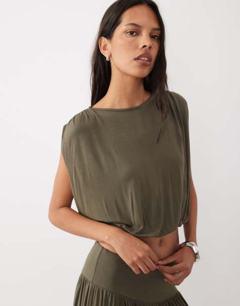 ASOS DESIGN draped pleated shoulder top set in khaki - view 1