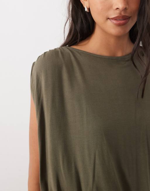 ASOS DESIGN draped pleated shoulder top set in khaki, 3 of 6