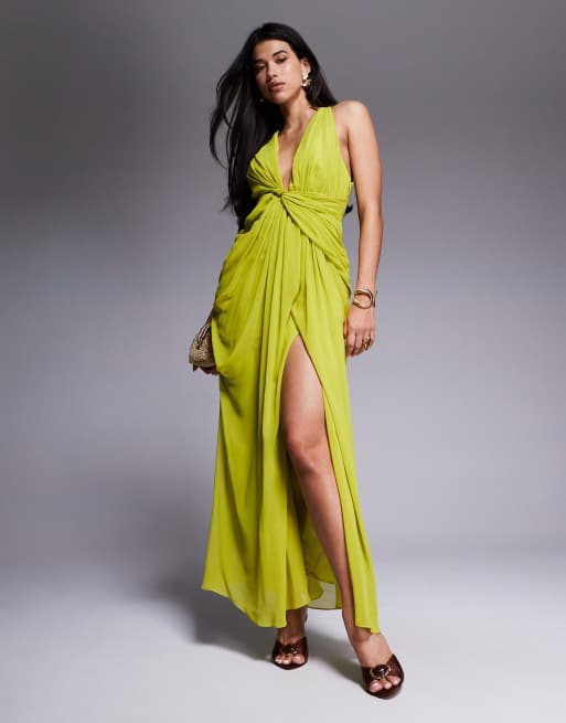 ASOS DESIGN draped plunge maxi dress with wrap detail in lime green