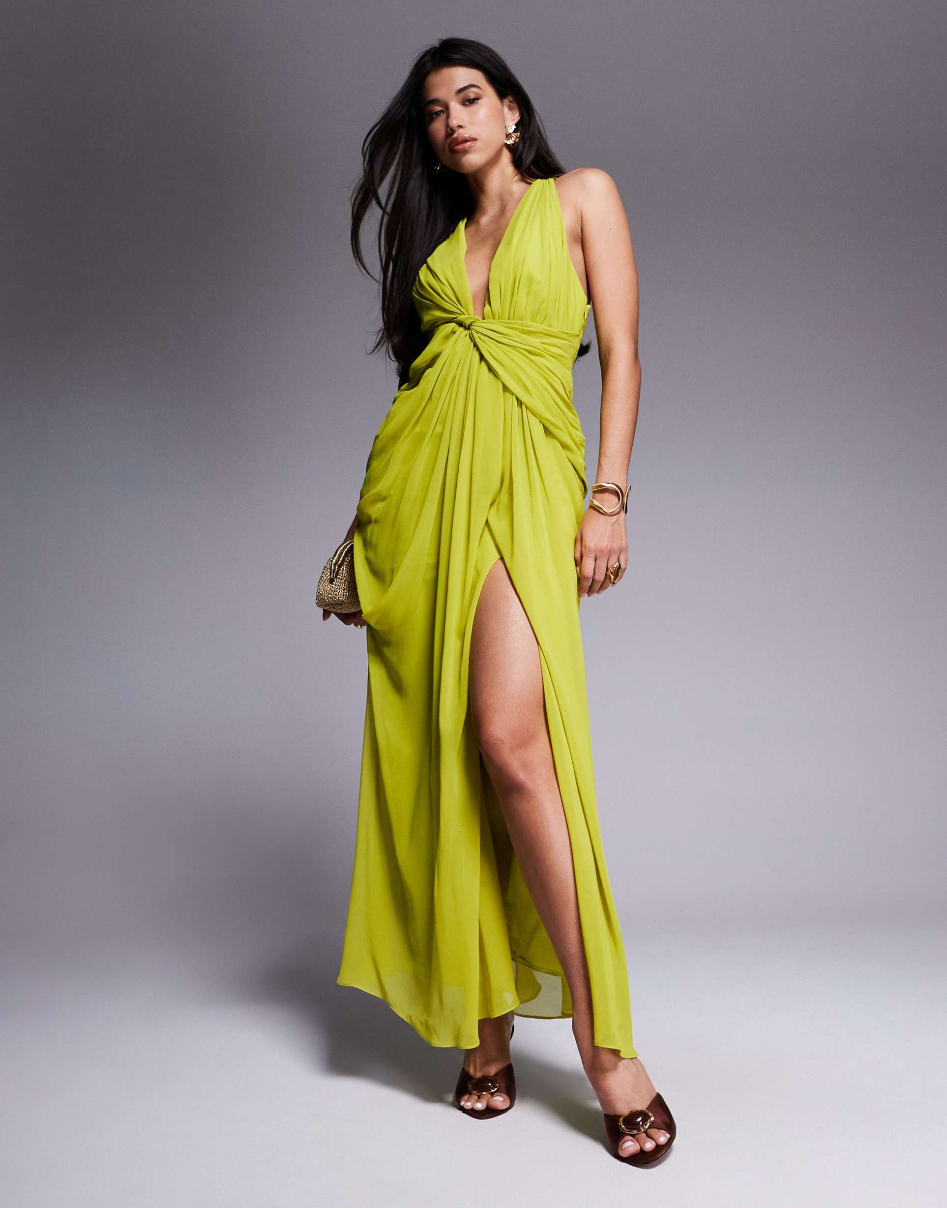 asos design draped plunge maxi dress with wrap detail in lime green