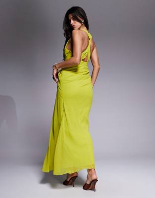 ASOS DESIGN draped plunge maxi dress with wrap detail in lime green