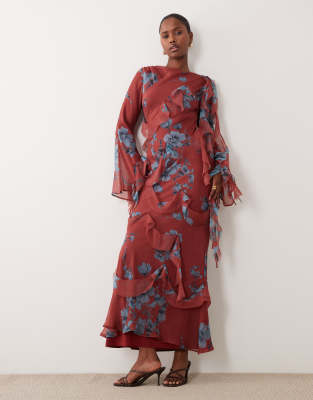 ASOS DESIGN draped raw edge ruffle long sleeve maxi dress in floral print
