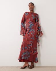 ASOS DESIGN draped raw edge ruffle long sleeve maxi dress in floral print
