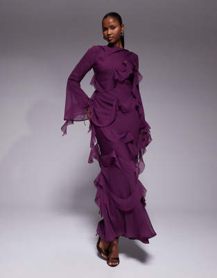 ASOS DESIGN draped raw edge ruffle long sleeve maxi dress in purple