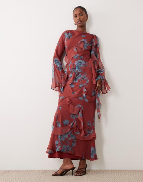 ASOS DESIGN draped raw edge ruffle trim long sleeve maxi dress in floral print - view 1