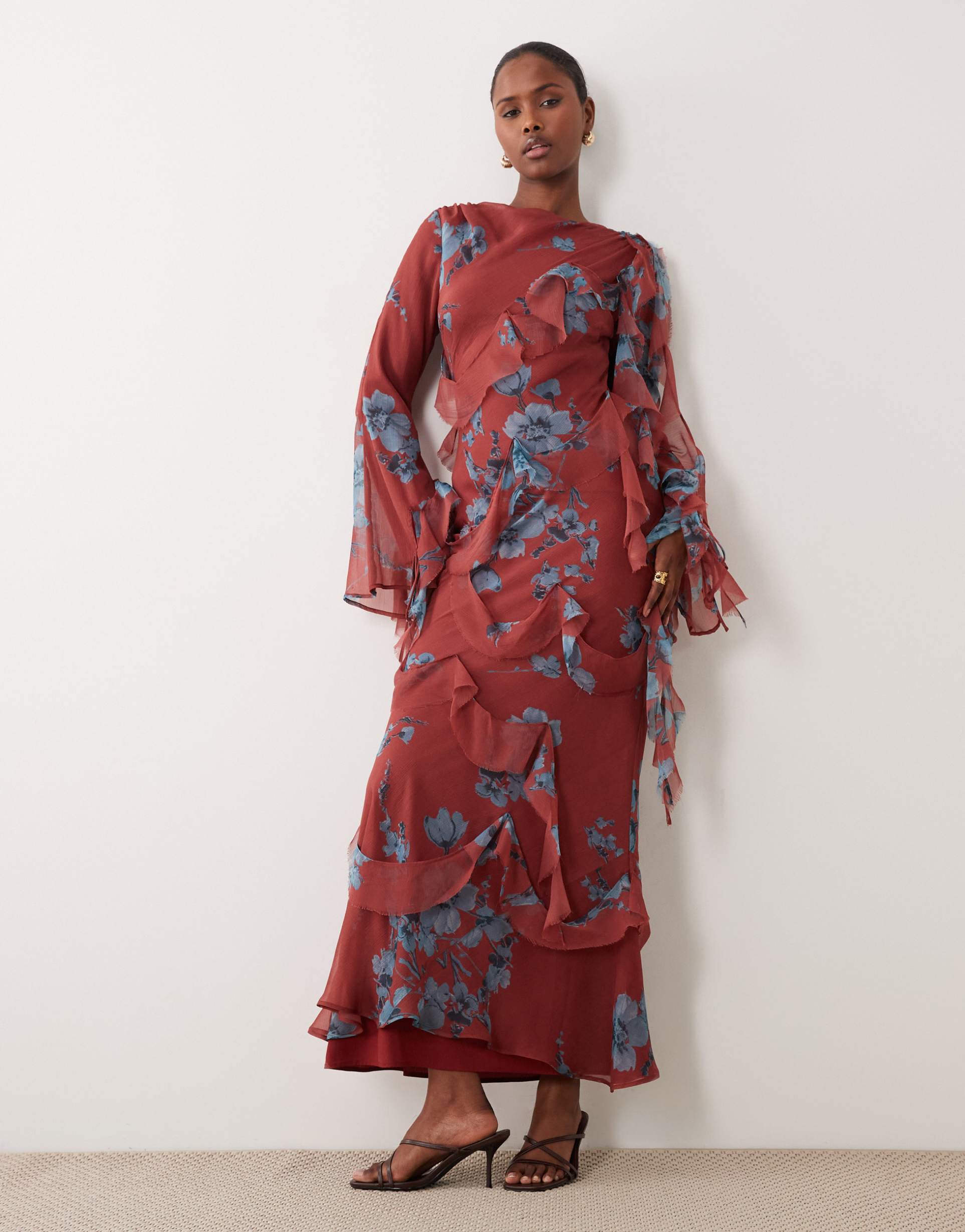 asos design draped raw edge ruffle trim long sleeve maxi dress in floral print
