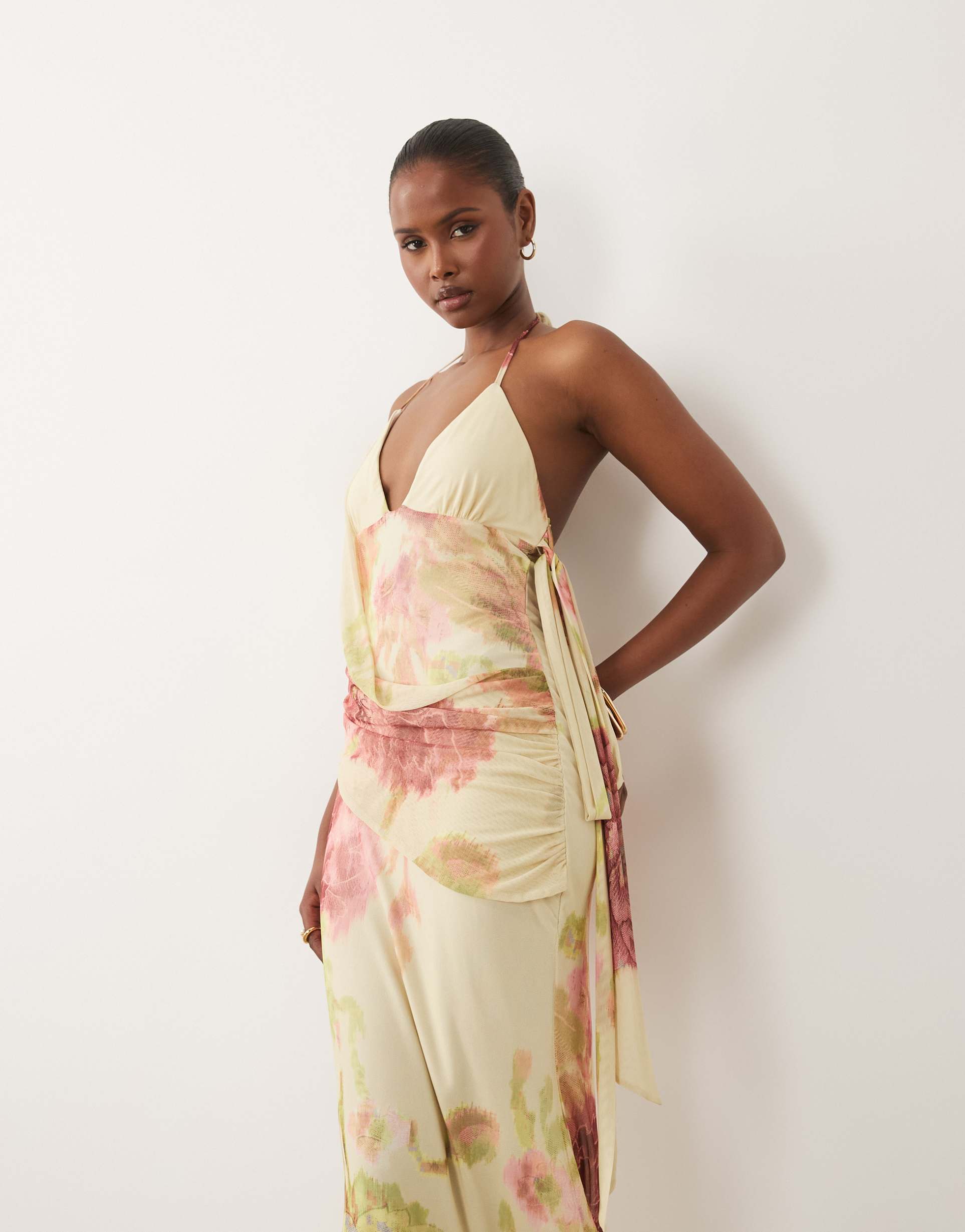 asos design draped sash floral mesh maxi dress with tie side fallen bow strap in lemon