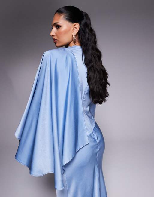 ASOS DESIGN draped satin bias maxi dress with scarf overlay detail in dusky blue